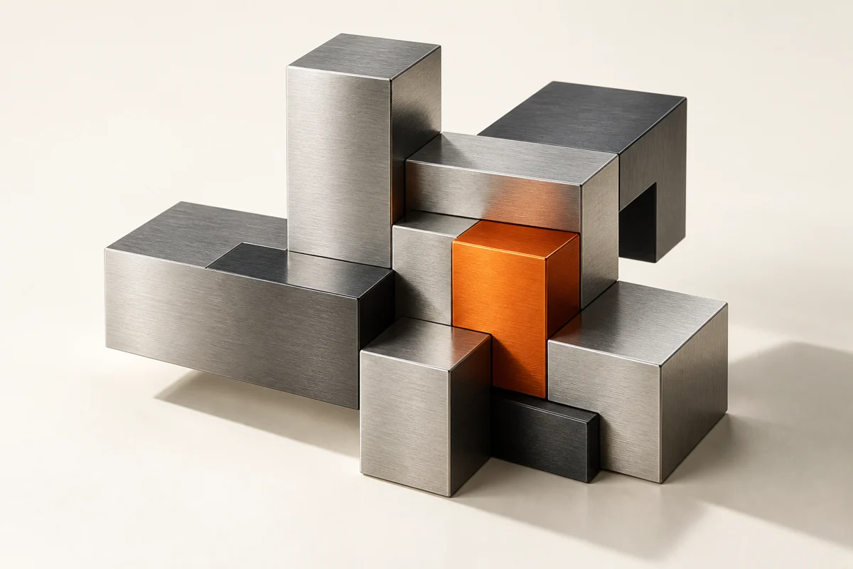 Interconnected sculptural metal modules joined by an orange element