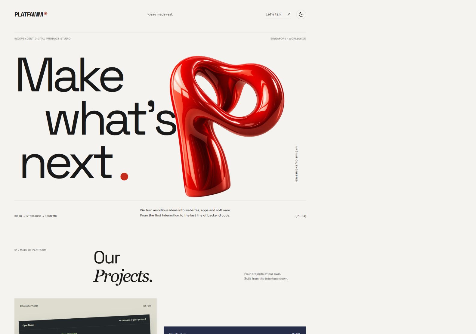 PLATFAWM website on desktop, with oversized typography and a red sculptural hero image