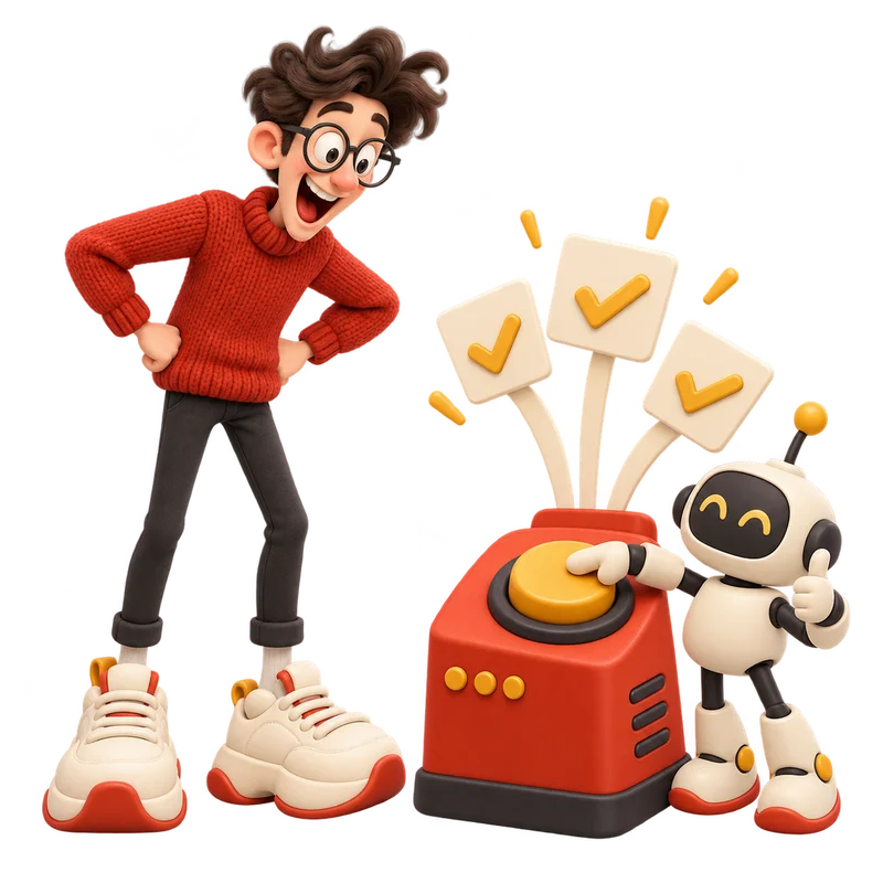 A delighted developer watches a tiny robot press a giant button that produces completed task cards