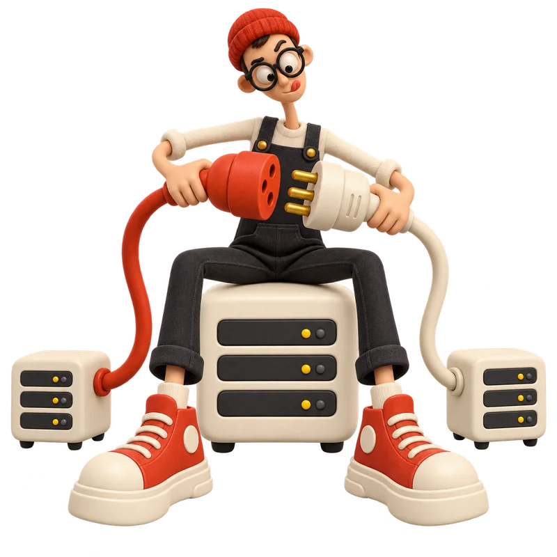 A developer seated on a server connecting oversized red and cream plugs