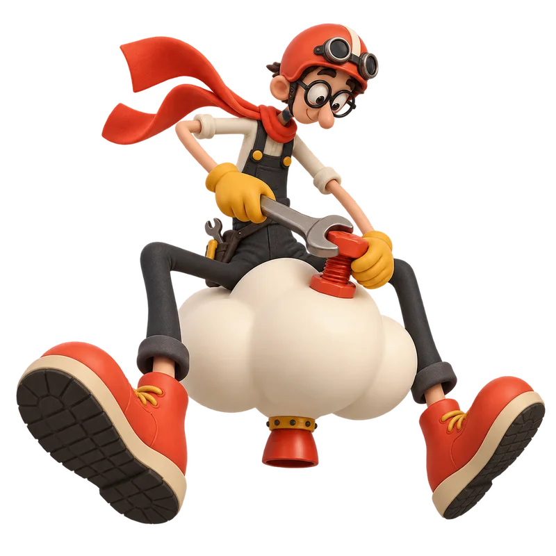 A mechanic riding a cloud and tightening a red bolt with a giant wrench