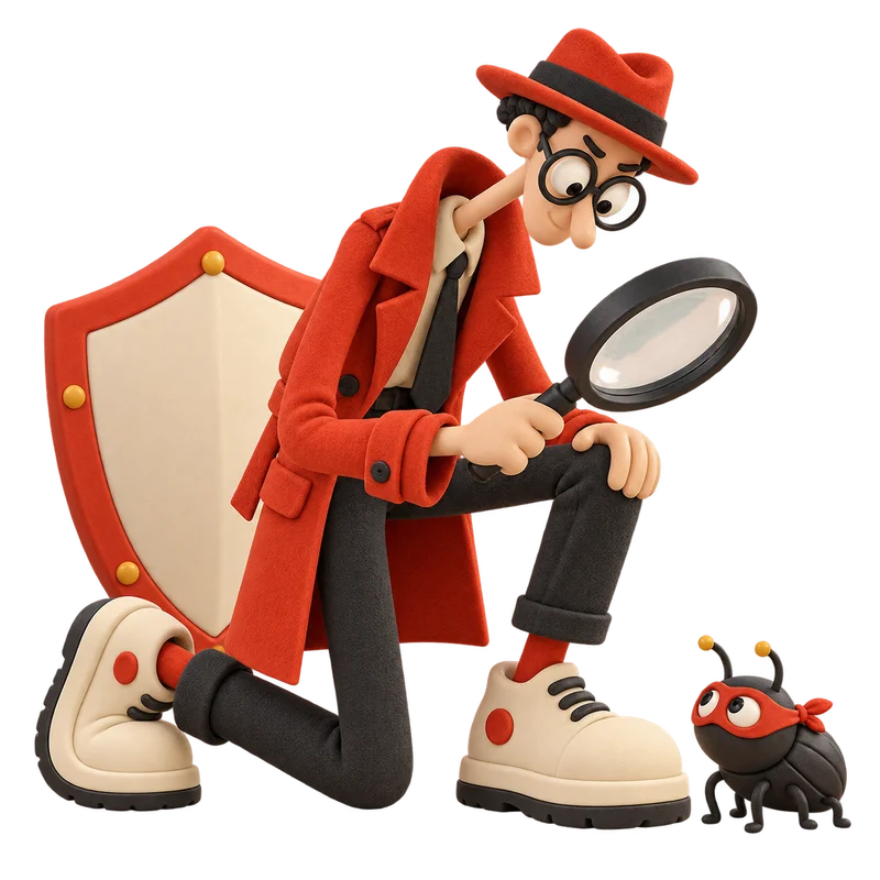 A detective in a red coat inspecting a tiny masked bug beside a shield
