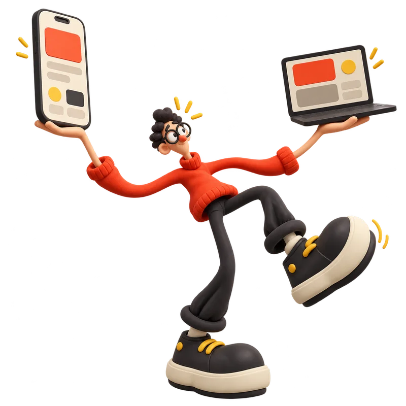 A developer balancing an oversized phone and laptop like a circus performer