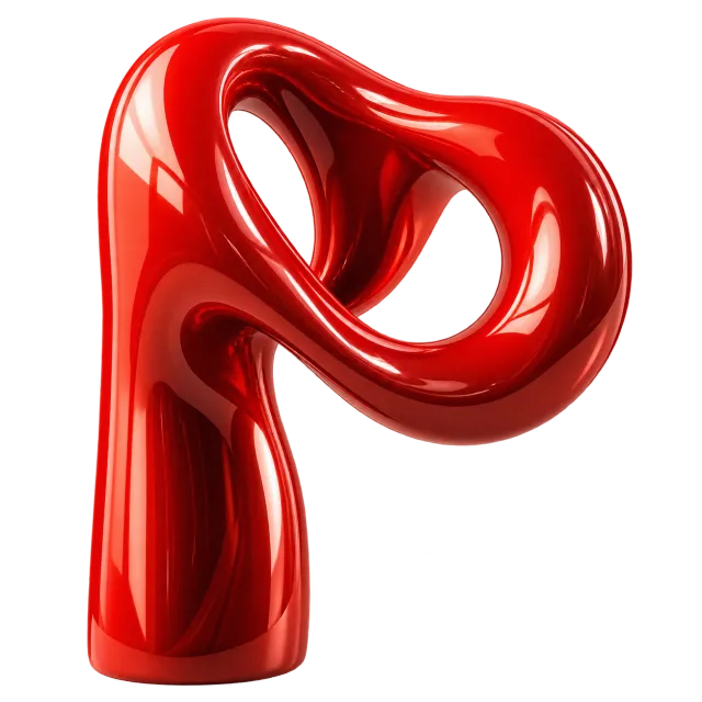 Glossy red sculpture folding into an open, continuous loop